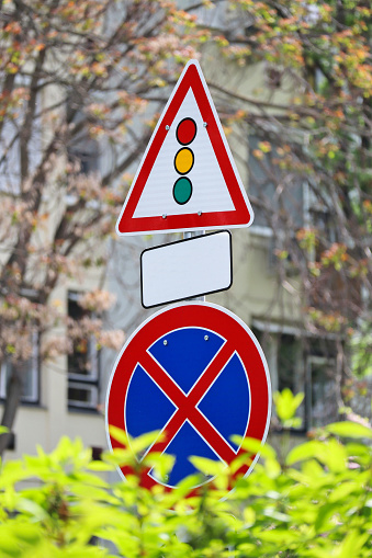 Traffic signs on the street behind green leaves
