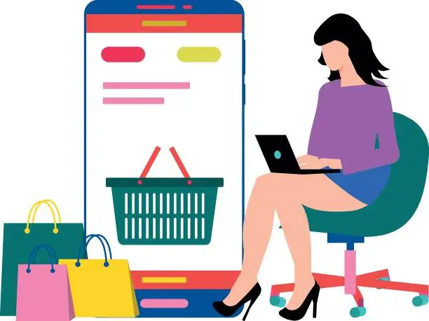 Vector illustration of The girl is shopping online.