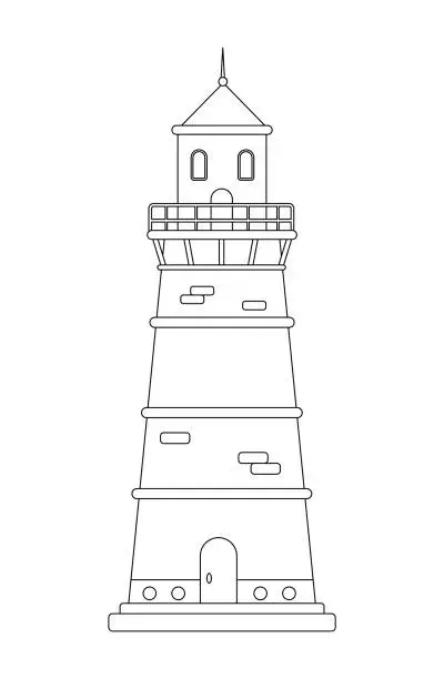 Vector illustration of Pirate lighthouse for coloring book. Piracy black and white coloring page. Isolated vector outline illustration. Children education