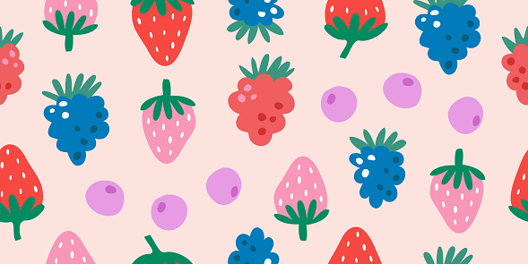 Vector abstract seamless pattern  with raspberry, blueberry, strawberry and blackberry. Trendy hand drawn texture. Modern abstract design for paper, cover, fabric.
