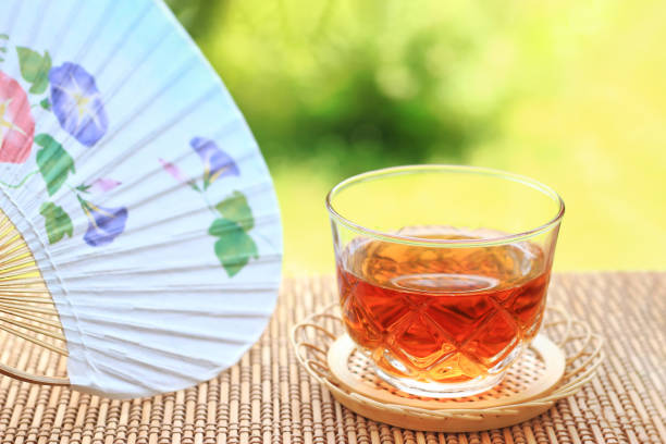 日本の夏に扇風機とすばれで麦茶を飲みながらリラックス