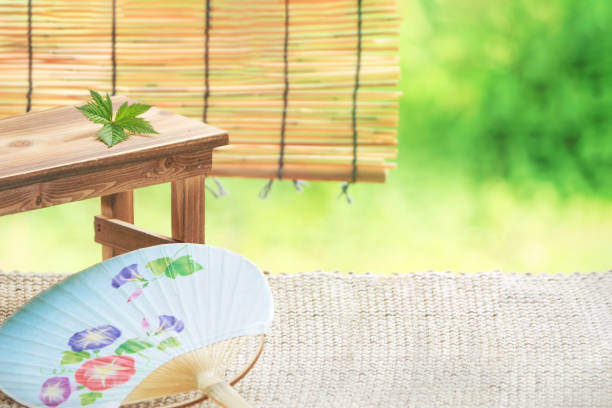 Japanese summer and Japanese-style room, relaxing background with SUDARE and Uchiwa stock photo