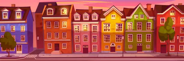 Vector illustration of Morning city street with Scandinavian buildings