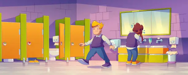 Vector illustration of Public toilet in school. Cartoon boy restroom