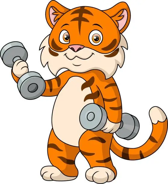Vector illustration of Cute tiger cartoon with dumbbells