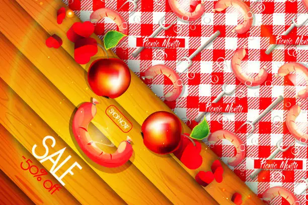 Vector illustration of Picnic month discount holiday card in cartoon style. Funny muzzle of apples and sausages against a red and white checkered picnic blanket on a sunny summer day.