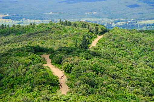 Unrecognisable mountain bikers ride on a firebreak trail over the beautiful landscape with its hills in Tuscany, Massa Marittima, Italy, Europe