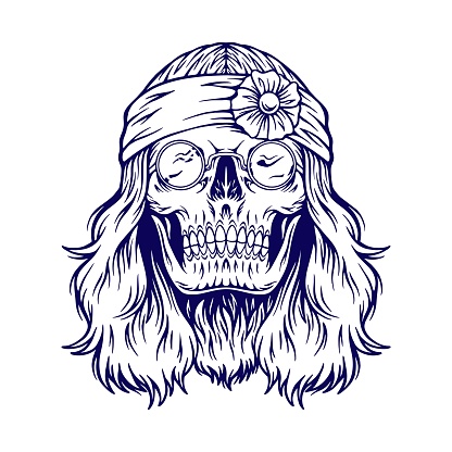 Scary skull head hippie flower headbands monochrome vector illustrations for your work logo, merchandise t-shirt, stickers and label designs, poster, greeting cards advertising business company or brands