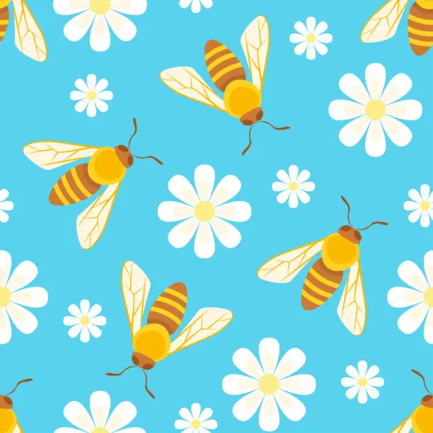 Vector illustration of Honey bees and white daisy flowers on blue background. Vector floral seamless pattern. Cartoon flat illustration.