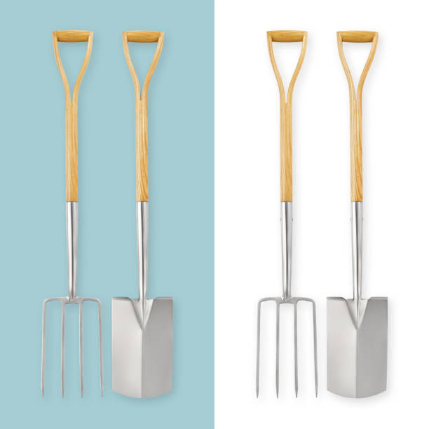 istock Gardening tools. Stainless steel spade and digging fork with wooden handle, vegetable garden work. Planting Equipment, spring time concept. Top view isolated on white and light blue background 1489349065