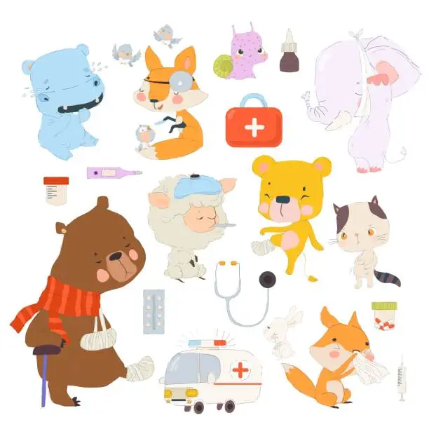 Vector illustration of Cute Patients Animals. Sick Cartoon Characters on White Background