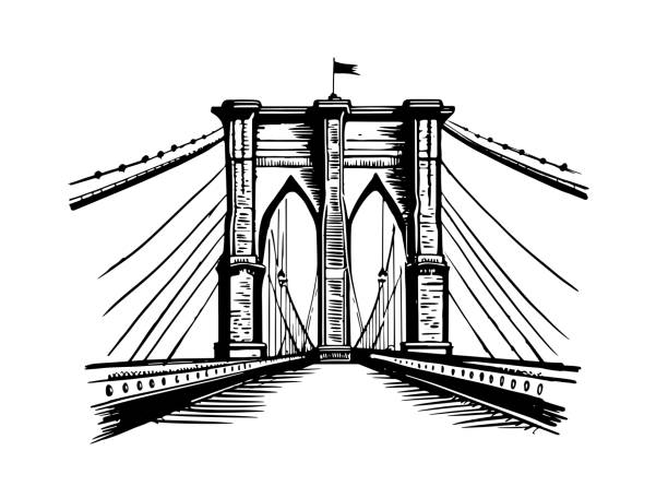 ilustraciones, imágenes clip art, dibujos animados e iconos de stock de puente de nueva york dibujado a mano, vectorial. - new york city skyline bridge brooklyn