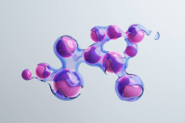 istock Shiny pink spheres surrounded with floating blue liquid. 1489351240