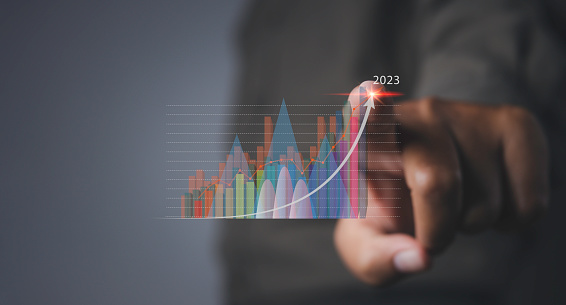 Goal business success strategy chart target. Business finance marketing  and investment. Stock market graph with man pointing financial profit stock market development.