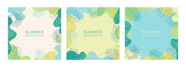 Vector illustration of Set of summer backgrounds with tropical palm leaves. Jungle and beach theme. Modern trendy minimal colorful design. Vector template for card, cover, poster, social media post, banner.