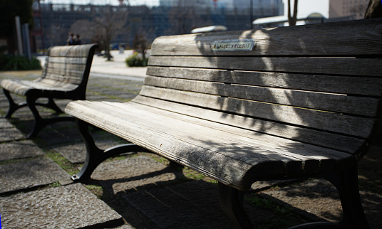 Wooden bench in park square on sunny day
