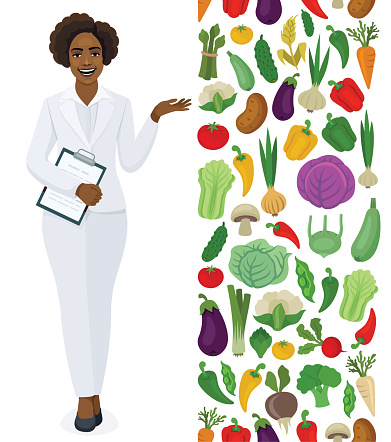 Nutritionist Doctor Showing Vegetables. African American Dietician recommending healthy food.