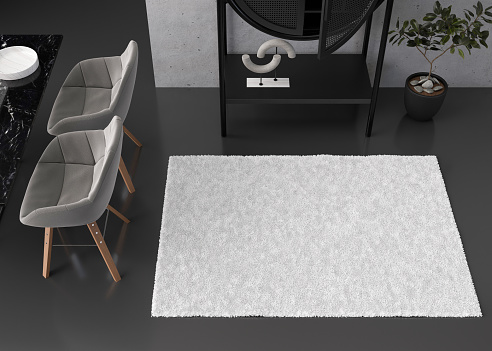 Mock up for carpet. Interior in contemporary style. Top view. Space for your carpet or rug design. Modern template. 3D rendering