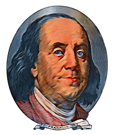 Colorized Benjamin Franklin cut on old 100 dollars banknote isolated on transparent background for design purpose