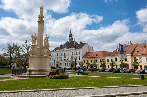 VALTICE, CZECH REPUBLIC - MAY 7th 2023: City square with historic building - Town hall in city Valtice, South Moravia, Czech Republic