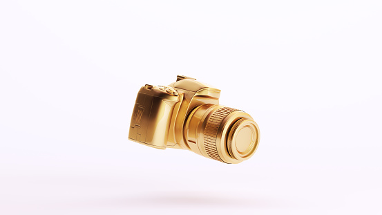 Gold Camera Photography Equipment Golden Luxury Art Decorative Wealth Elite White Background 3d illustration render digital rendering