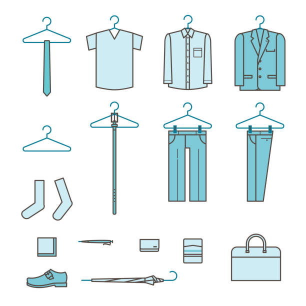 Suits and business items icon simple illustration set material Suits and business items icon simple illustration set material mens clothing stock illustrations