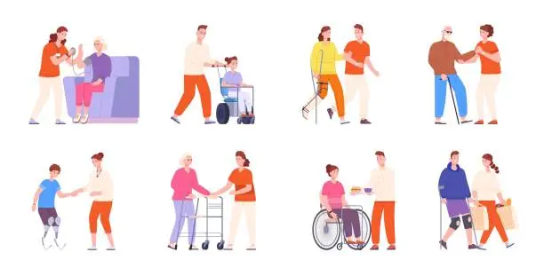 Vector illustration of Disability people social caring. Volunteer society worker community care of elderly or disabled person on wheelchair carer job socialcare help service, splendid vector illustration