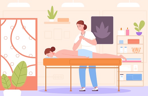 Masseur cabinet. Physio therapist doing relaxing thai massage woman on massaging table indoor spa office room, physical rest osteopathy manual therapy, vector illustration of therapist cabinet