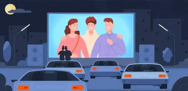 Vector illustration of Drive cinema. Romantic couple sitting roof car watching movie big screen outdoor theater in night auto parking space, drive-in evening park landscape splendid vector illustration