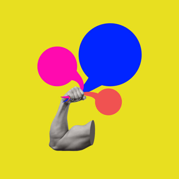istock Contemporary art collage with a muscular hand holding dialogue bubble. 1489372464