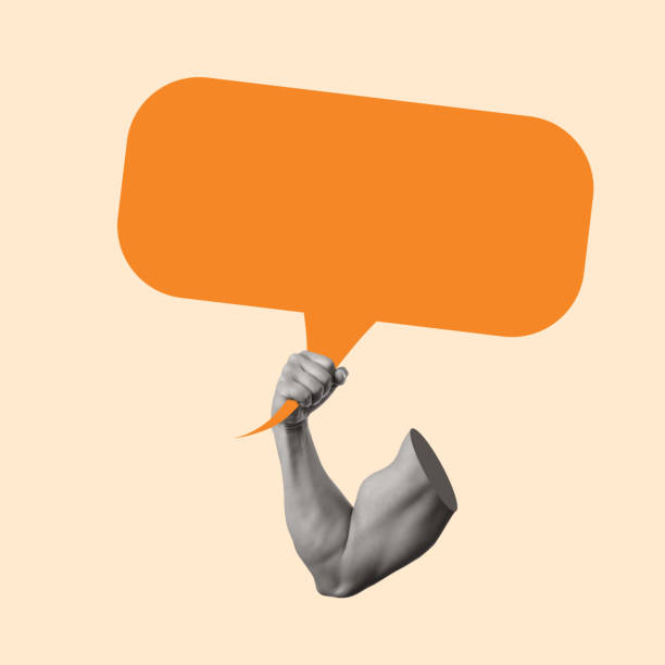 istock Contemporary art collage with a muscular hand holding dialogue bubble. 1489372466
