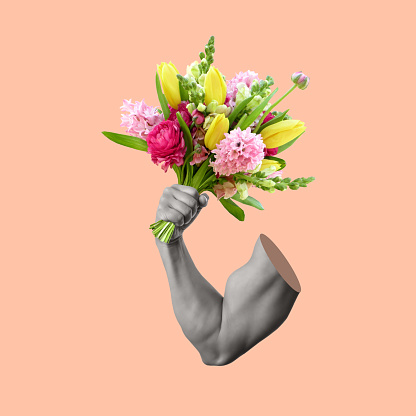 Contemporary art collage with hand holding a bouquet of flowers. Holidays and love concept. Fitness motivation. Modern design.  Copy space.