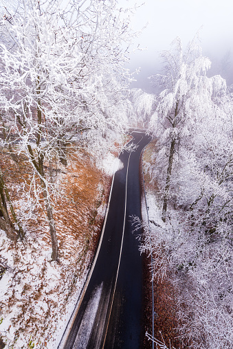 A road in forest covered in frost in winter day in Krusne Hory in Czechia.