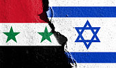 Double exposure of Israel flag with Syria flag. Describe Israel's retaliatory airstrikes in Syria. Israeli police clashes with Muslims. Tensions in the Middle East are escalating.
