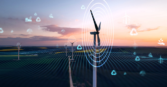 Green energy power production.Process of rotating wind energy graphically.Virtual data technology.Green energy helps reduce carbon emissions and makes earth cleaner and more ecological