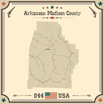 Large and accurate map of Madison County, Arkansas, USA with vintage colors.