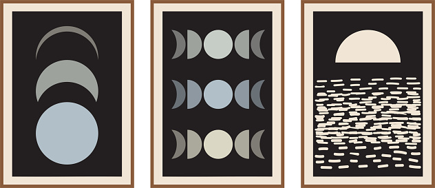 Mid century modern moon phases posters set. Boho style minimal design.