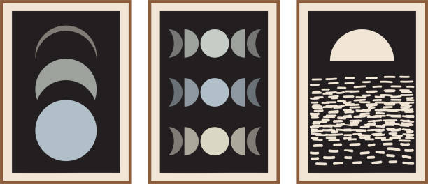 Mid century modern moon phases posters set. Boho style minimal design. Mid century modern moon phases posters set. Boho style minimal design. half moon stock illustrations