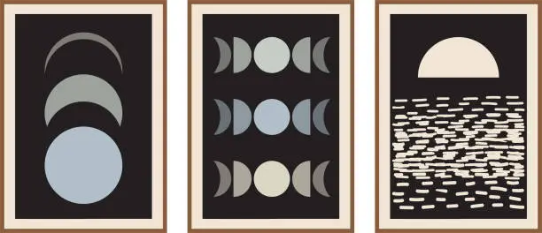 Vector illustration of Mid century modern moon phases posters set. Boho style minimal design.
