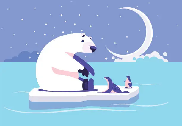 Vector illustration of bear stretching on ice floe with friends