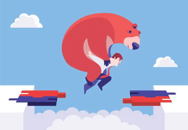 Vector illustration of businessman carrying bear on his back and jumping over broken puzzle bridge