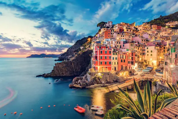 Riomaggiore in Cinque Terre, Italy at the evening. Popular tourist destination in Liguria coast.