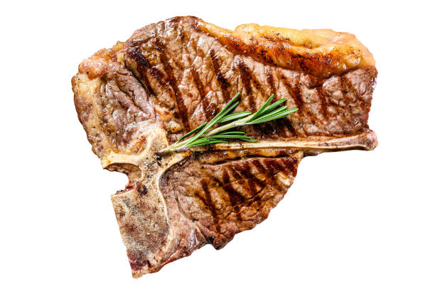 istock Grilled Porterhouse steak on a chopping Board. Cooked beef meat.  Isolated on white background. 1489383819