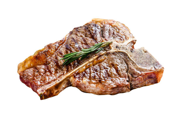 istock Grilled Porterhouse steak on a chopping Board. Cooked beef meat.  Isolated on white background. 1489383853
