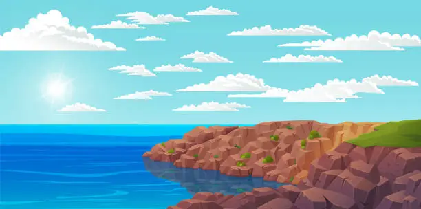 Vector illustration of Seascape with rocks, ocean rocky shore with beautiful scenery. Landscape of natural , coastline