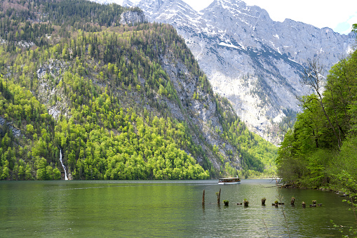 Ship on Kings Lake „Koenigssee“ in Berchtesgaden National Park in nice weather