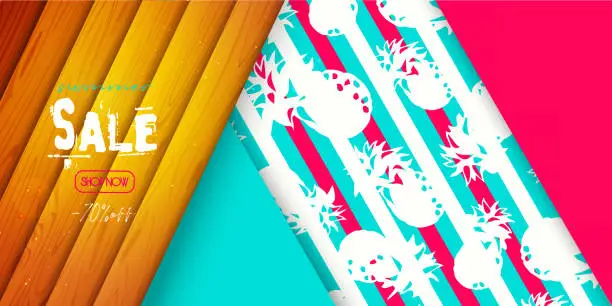 Vector illustration of Festive background of discounts in Hawaiian cartoon style. Wood paneling on a sunny day with pineapple seamless tropical background.