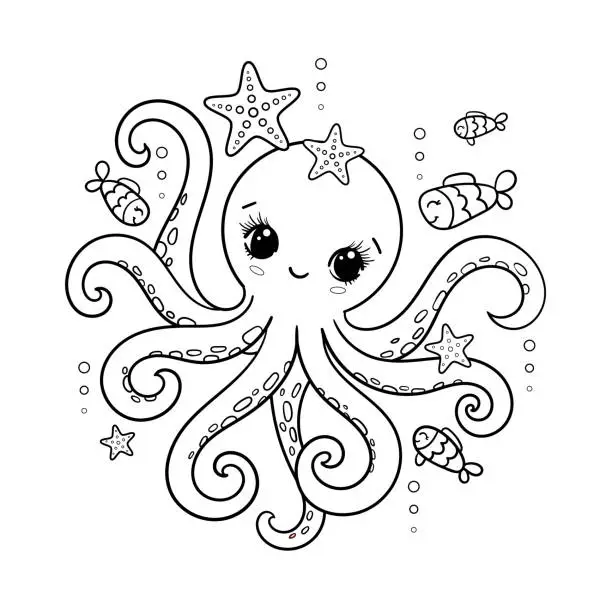 Vector illustration of Cute octopus. Black and white linear drawing. Vector