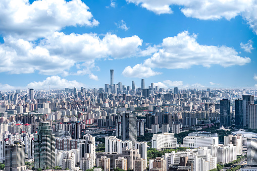 Beijing CBD buildings with blue sky and white clouds