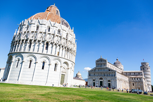 Pisa,Tuscany,Italy 5 October 2022:San Giovanni Baptistery, Pisa Cathedral and Leaning Tower of Pisa